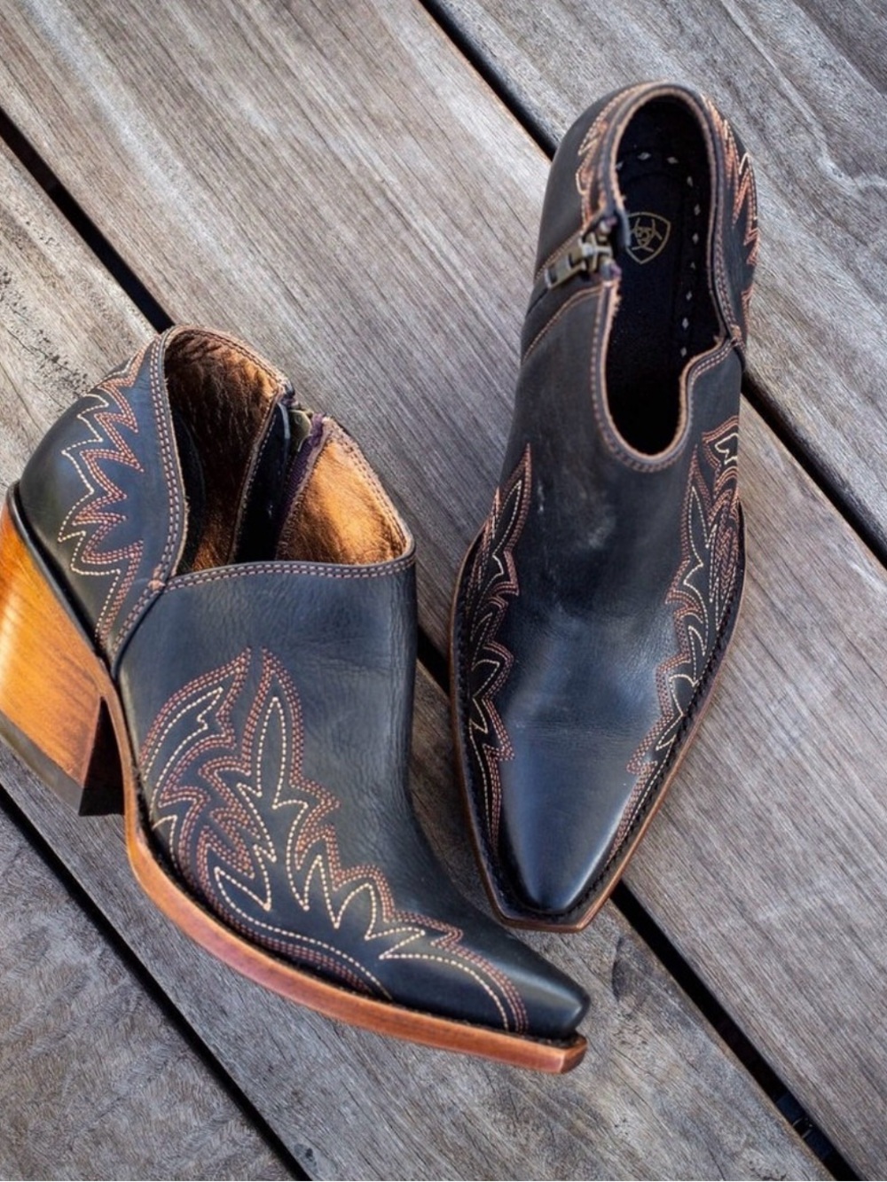 Ariat women’s Black Western Leather Booties with Brown Heel